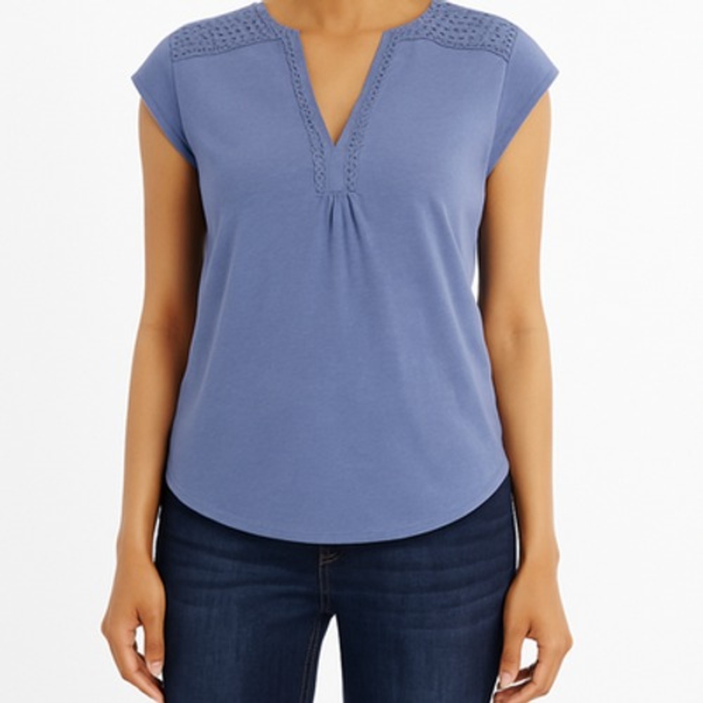 NWT Orvis Anna V-Neck Lace Cap Sleeve Top XL Dusty Blue Cotton Blend Blouse